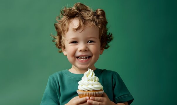cute little boy holding sweet cupcake with whipped cream on green background, Generative AI
