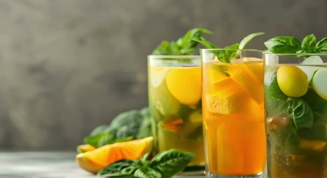 Fresh healthy drinks made from fruits and veggies on a rustic table. Concept Fruit Smoothies, Vegetable Juices, Healthy Beverages, Rustic Table Setting, Fresh Ingredients