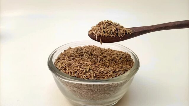 Spoon out of Cumin seeds from the glass bowl with a wooden spoon, herbs and spices.