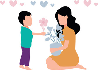 A son is giving flowers to his mother.