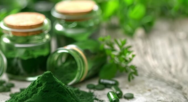 Topdown view of green spirulina powder on white table a natural supplement. Concept Product Photography, Food Styling, Natural Supplements, Tabletop, Green Spirulina Powder
