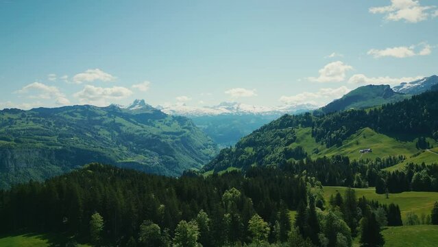 Aerial view of Switzerland Alps mountains covered by snow, Stoos, Switzerland