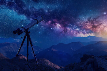 Naklejka premium Telescope Exploring the Night Sky - Discovering New Stars 
