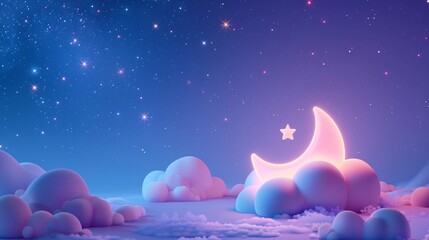 Dreamy night sky with glowing crescent moon and star amid fluffy clouds. Perfect illustration for night, dream, and fantasy themes. 3D Illustration.