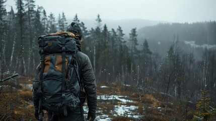 Solo backpacker in a snowy forest landscape, adventuring through dense woods on a misty winter day. - Powered by Adobe