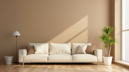 Modern interior design of apartment, dining room with table and chairs,  living room with beige wall, panorama.