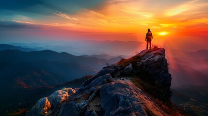 Hiker Standing on Mountain Peak at Breathtaking Sunset with Colorful Sky and Wilderness View