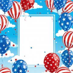 Obraz premium Balloons frame create with American flag, a background with sky view. Independence day square frame. memorial day frame with copy space
