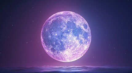 Stunning purple moon rising above the ocean at night, illuminating the sea with a mystical glow. Perfect for night, moon, and fantasy themes. 3D Illustration.