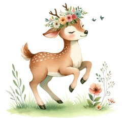 A deer with flowers on its head is standing in a field