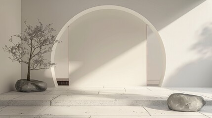 Minimalist zen garden with rock, bonsai tree, and circular gate in serene sunlight, showcasing tranquility and simplicity in design.