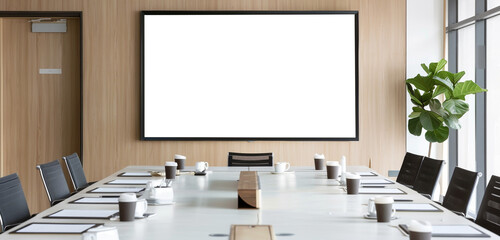 Large landscape blank TV screen in a minimalist and clean boardroom, business meeting in progress.