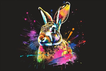 Using neon colors and watercolor splatters, rabbit is painted in bright neon colors over a black backdrop.