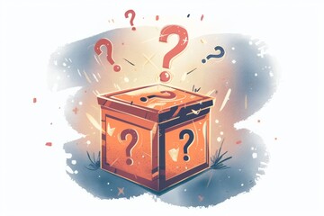 A fun mystery box with question marks flying out of it, fun quiz box, logo, illustration