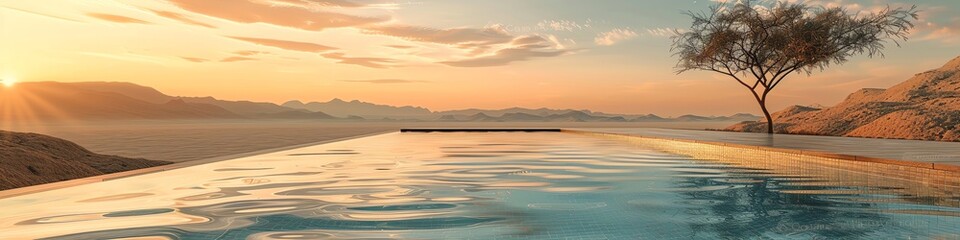 Obraz premium Infinity pool with a panoramic view of a desert, sunset casting long shadows and warm light, minimalist and serene, realistic style, smooth transitions and soft edges