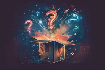 A fun mystery box with question marks flying out of it, fun quiz box, logo, illustration