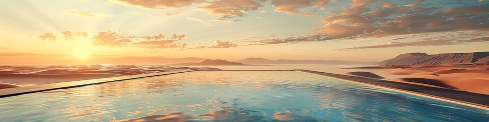 Obraz premium Infinity pool with a panoramic view of a desert, sunset casting long shadows and warm light, minimalist and serene, realistic style, smooth transitions and soft edges