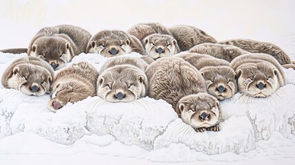 Obraz premium Whimsical watercolor painting of a playful otter family with distinctive whiskers, round ears, and webbed paws, captured with prime lens and natural light