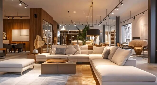 Discover high-end showroom featuring modern furniture and chic decor for home or business. Concept Furniture Showroom, Modern Design, Chic Decor, High-End Furnishings, Home and Business Decor