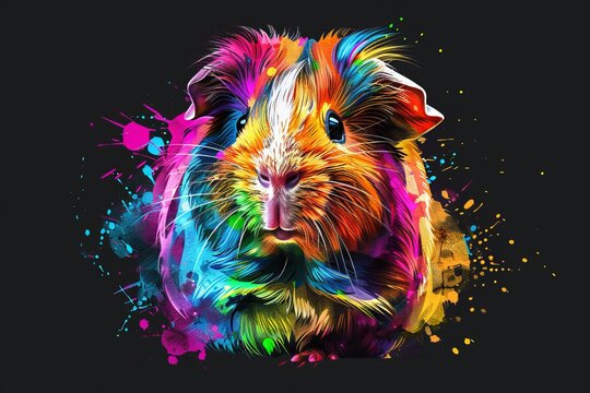 Naklejki In neon and pop art style, with bright bursts of color against a black backdrop, a guinea pig sits on a black platform. CG animation.