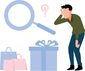 The boy is worried about the shopping bags.