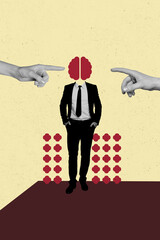 Vertical photo collage of human hand point guy wear formal suit instead head brain organ cortex...