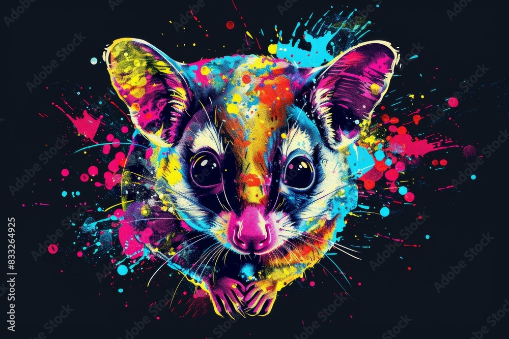 Wall mural Computer-generated photos with pop art style splashes of watercolor and an abstract, neon, color picture of Sugar Glider. - Wall murals