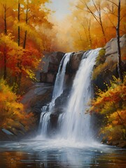 Autumn Waterfall Landscape Nature Oil Painting Art