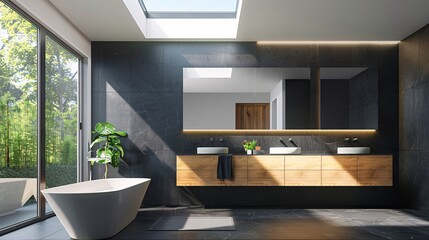 Spacious bathroom with black tiles. Large skylight and double vanity. There is a wooden cabinet in a modern style. virtual reality display High-resolution interior design photography. Natural light.