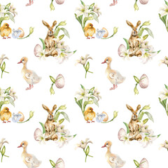 Bunny, chick and gosling watercolor Easter print. Baby animals with lily flowers seamless pattern isolated on white. Pets illustration and gentle floral hand drawn. For textile, paper, backdrop