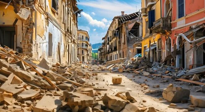 Desolate City Streets: Abandoned Buildings and Ruins After an Earthquake. Concept Urban Decay, Post-Apocalyptic Landscapes, Abandoned Cities, Earthquake Ruins, Haunting Architecture