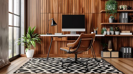 A home office with wooden paneling, a white desk and a black patterned rug, featuring a leather chair in front of the computer monitor. The room also includes shelves on one side for storage, plants,