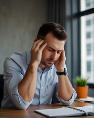 A man in shirt having headache in modern office. Health stress work life balance mental social workplace upset depress depression frustration sad emotion emotional