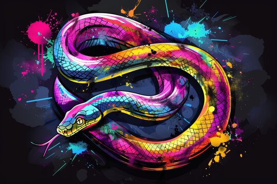 In neon colors on a black background, this digital portrait shows a Ball Python splashed with watercolor.