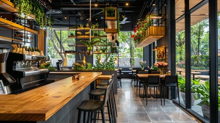 Fototapeta premium Design the interior of an American-style restaurant with wooden shelves and counter tables, featuring black walls, flowers on display, floor-to-ceiling windows, light-colored tile flooring, dining