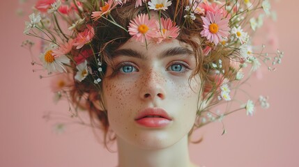 Youthful Wonder in Coral Blossoms - Portrait of Young Woman