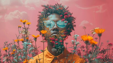 Youthful Wonder in Coral Blossoms - Portrait of Young Man