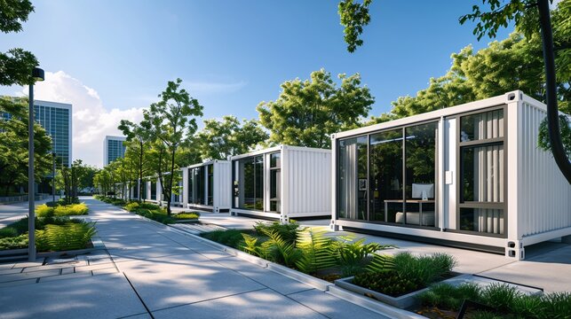 A row of modern, white modular living containers set against the backdrop of greenery and trees in an urban setting. The buildings feature large windows that capture natural light for energy