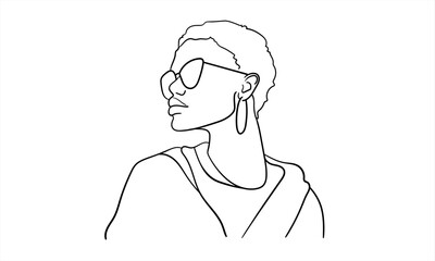 African girl with glasses continuous line art drawing isolated on white background. Fashion woman. Vector illustration