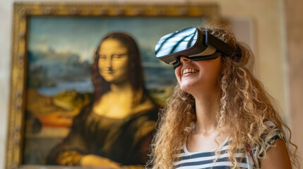 Happy young woman wearing VR gear while enjoying immersive experience or excursion at art gallery museum. Millennial wearing VR glasses in museum. Virtual digital exhibition, time rider