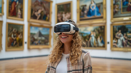 Obraz premium Happy young woman wearing VR gear while enjoying immersive experience or excursion at art gallery museum. Millennial wearing VR glasses in museum. Virtual digital exhibition, time rider