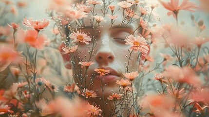 Youthful Wonder in Coral Blossoms - Portrait of Young Man