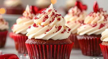 Valentine's Day Cupcakes: Cream Cheese Frosting and Festive Decorations. Concept Valentine's Day Treats, Baking Tips, Festive Desserts, Cream Cheese Frosting, Cupcake Decorations - Powered by Adobe