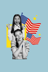 Creative abstract template collage of two funny girls wave flags celebrating 4th july usa independence day fantasy billboard zine minimal