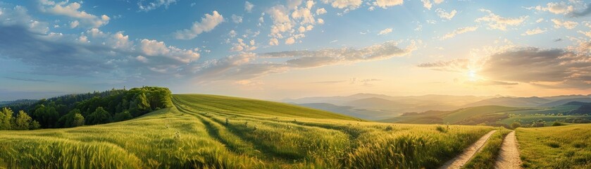 Obraz premium Picturesque winding path through a green grass field in hilly area in morning at dawn 