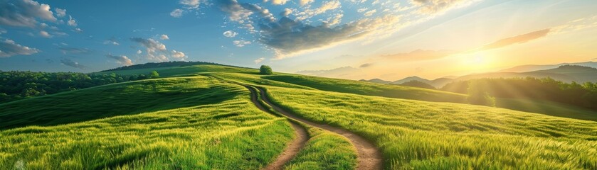 Picturesque winding path through a green grass field in hilly area in morning at dawn 