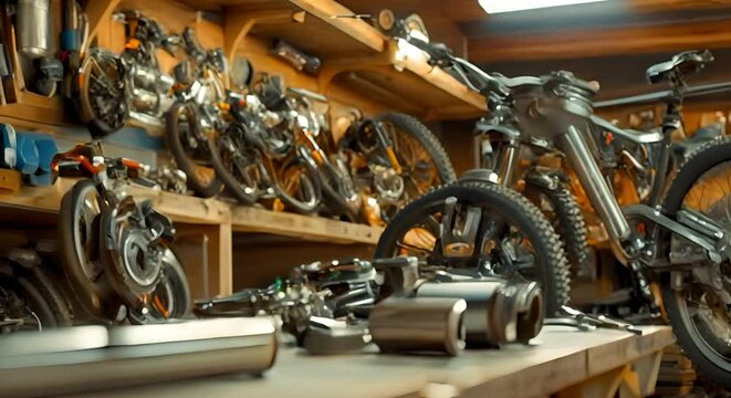 Table displaying mountain bike parts in a repair shop or garage. Concept Mountain Bike Parts Display, Repair Shop Setup, Garage Organization, Bicycle Maintenance Station