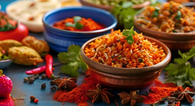 Exploring the lively Indian street food culture with a variety of colorful spices and dishes like masala, naan, biryani, and samosa. Concept Indian Street Food, Colorful Spices, Masala, Naan