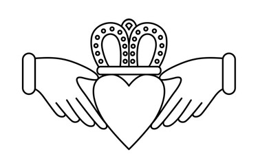 The Claddagh symbol vector illustration. Traditional symbol of love, friendship and loyalty. Two clasped hands holding a crowned heart line art.