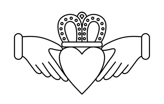 The Claddagh symbol vector illustration. Traditional symbol of love, friendship and loyalty. Two clasped hands holding a crowned heart line art.
